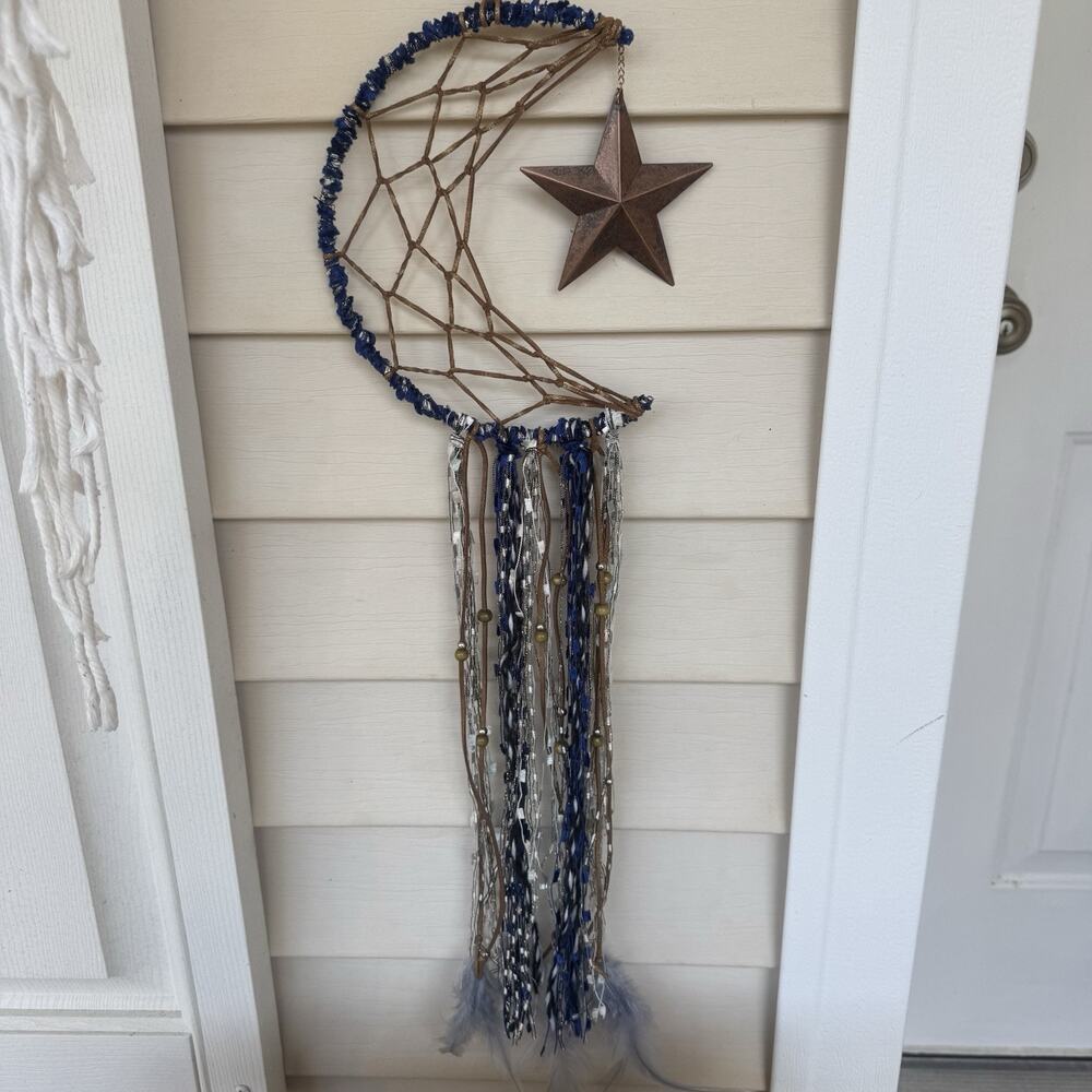 Moon & Star Dream Catcher - Blue & Bronze Wall Hanging, Celestial Room Decor 26" - Picture 4 of 6